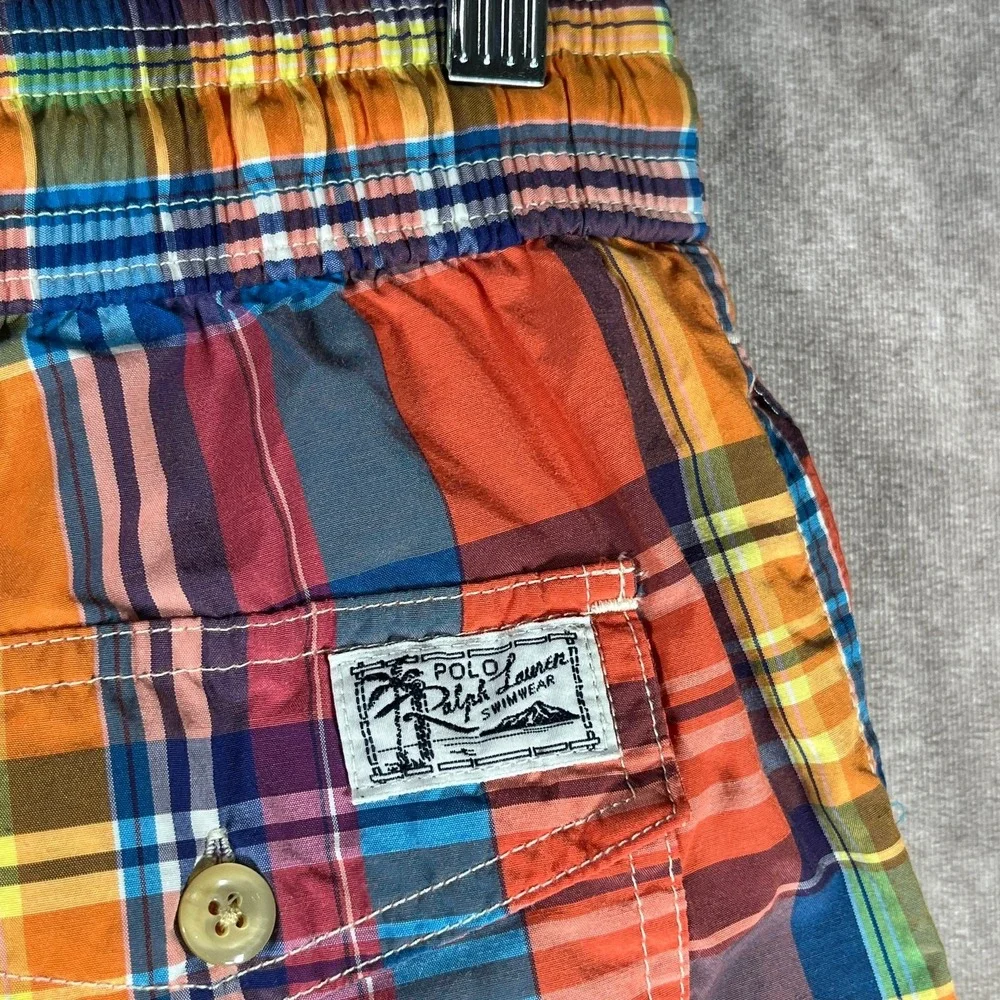 Polo Ralph Lauren Swim Shorts Mens‎ Medium Red Blue Plaid Drawstring Mesh Preppy